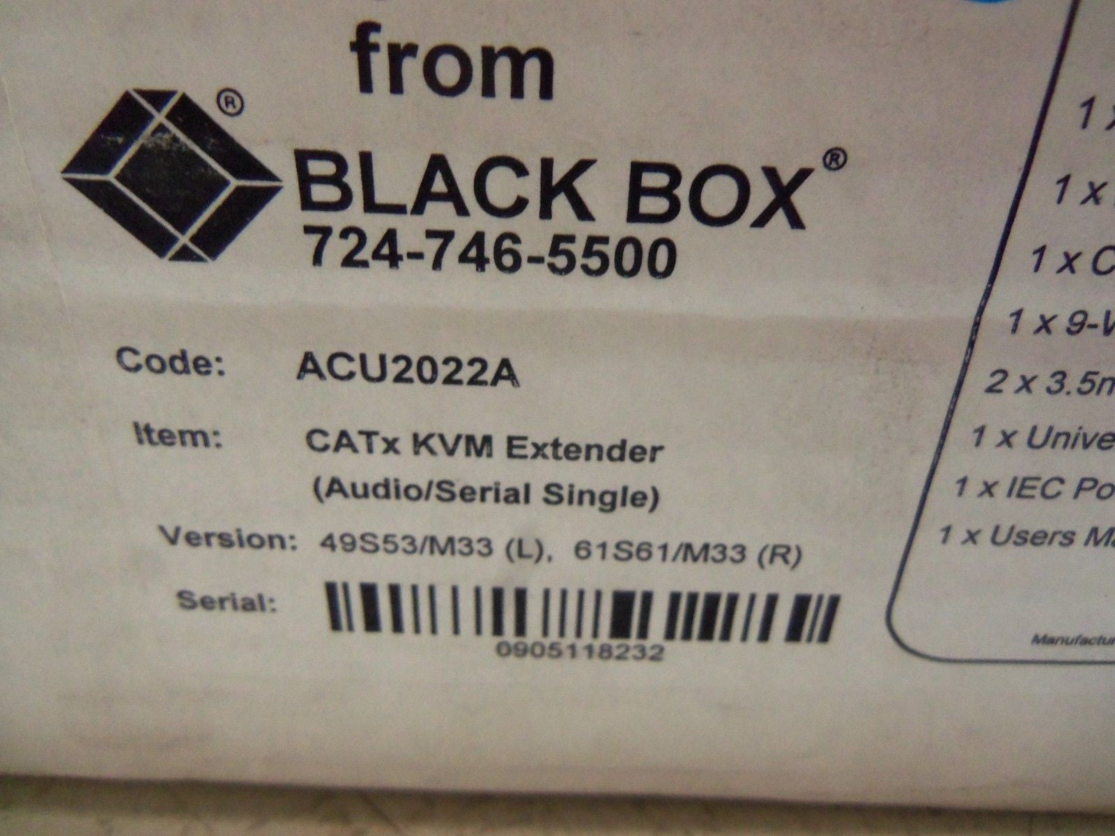BLACK BOX ACU2022A CATXKVM EXTENDER *NEW IN BOX*