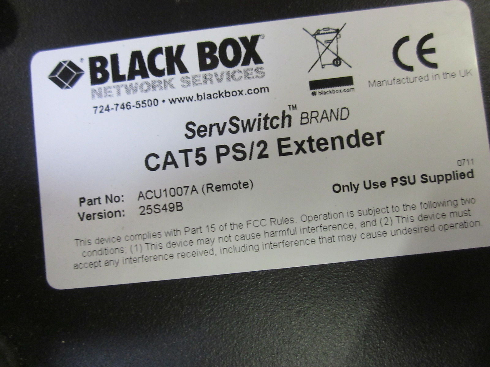 BLACK BOX SERVSWITCH ACU1007A CAT5 PS/2 EXTENDER W/ SPX-GS18A05 *NEW NO BOX*