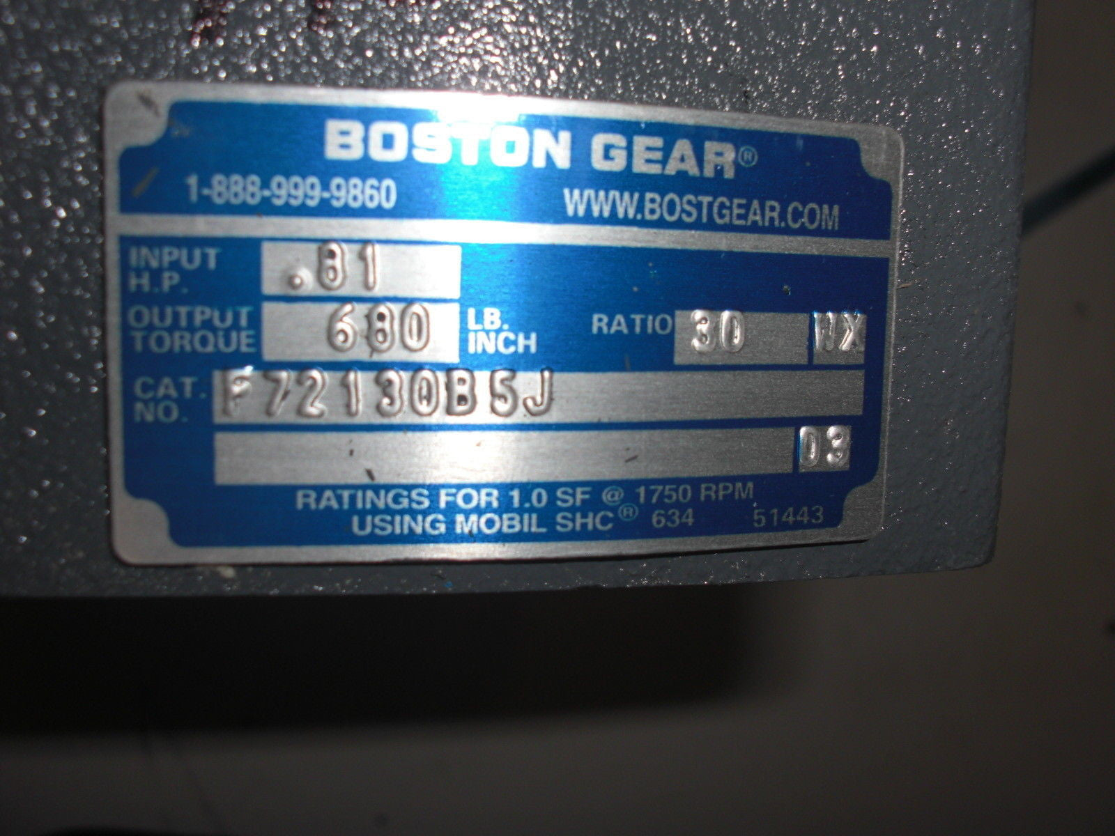 BOSTON GEAR F72130B5J REDUCER 30:1RATIO 871LB/IN .99HP *USED*