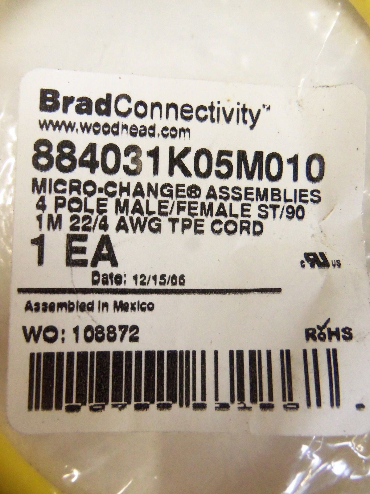 BRAD CONNECTIVITY 884031K05M010 CORDSET  *NEW IN BAG*