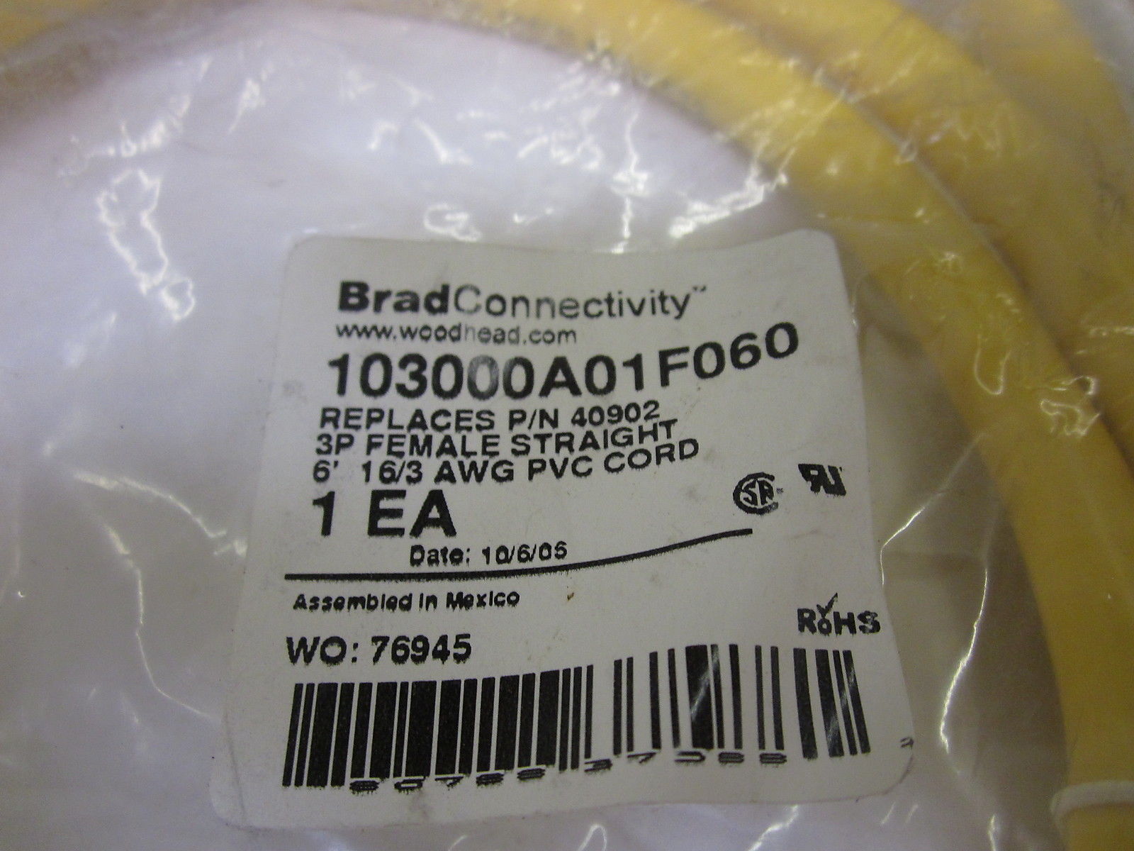 DANIEL WOODHEAD 40902 103000A01F060 CORDSET * NEW IN FACTORY BAG *