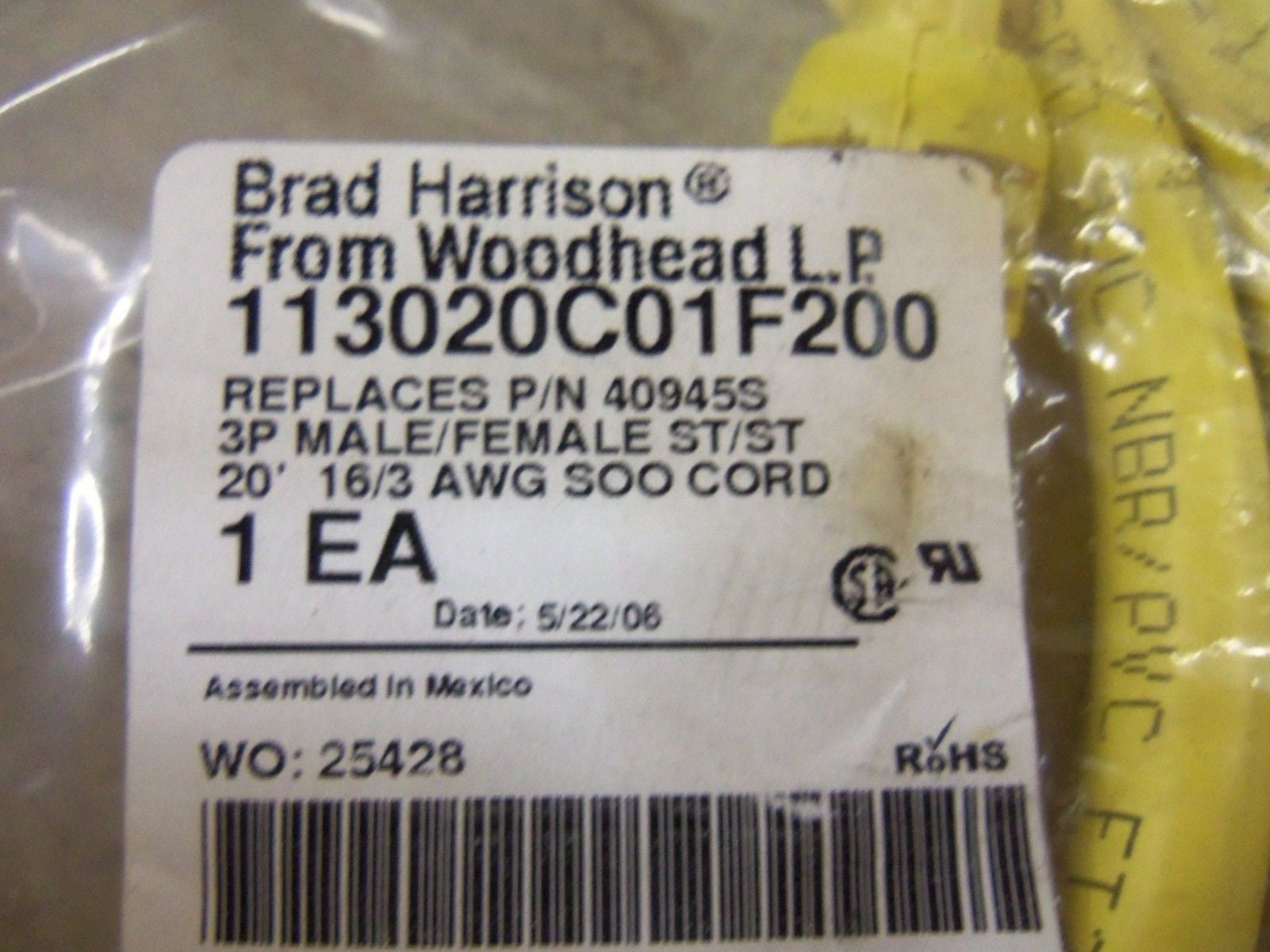BRAD HARRISON 113020C01F200 CORDSET  *NEW IN A FACTORY BAG*