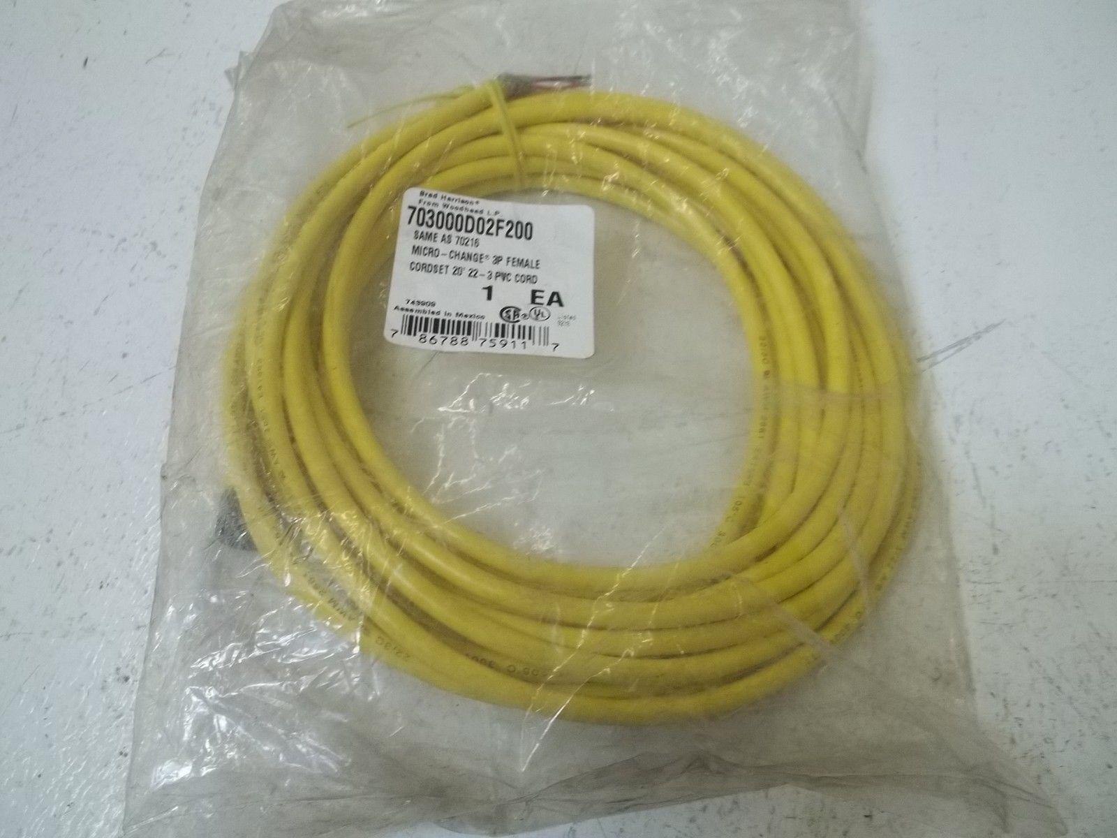DANIEL WOODHEAD 703000D02F200 MICRO CHANGE 3P FEMALE CORDSET * FACTORY BAG *