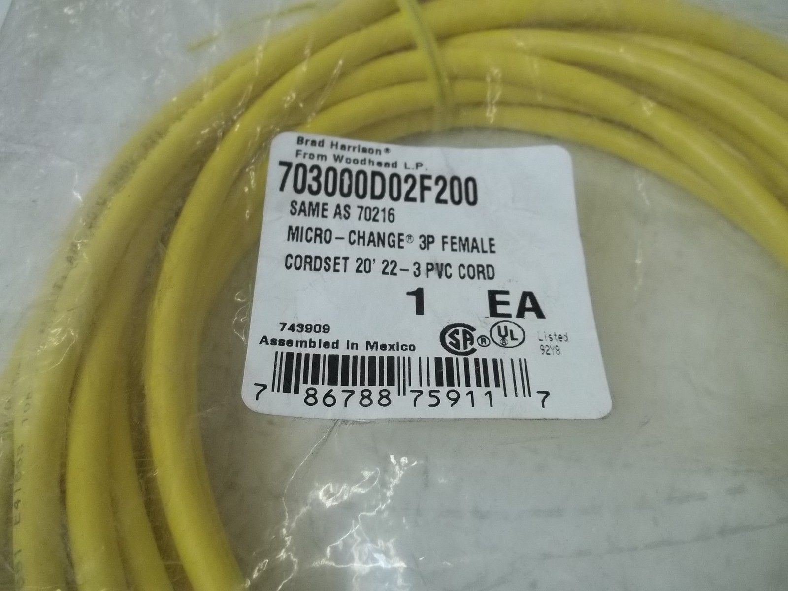 DANIEL WOODHEAD 703000D02F200 MICRO CHANGE 3P FEMALE CORDSET * FACTORY BAG *
