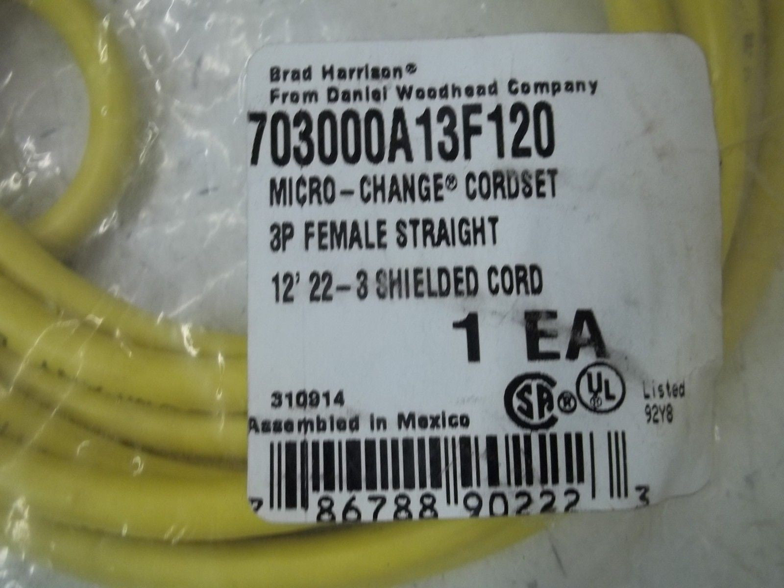 BRAD HARRISON 703000A13F120 CORDSET 3P FEMALE STRAIGHT *NEW IN A BAG*