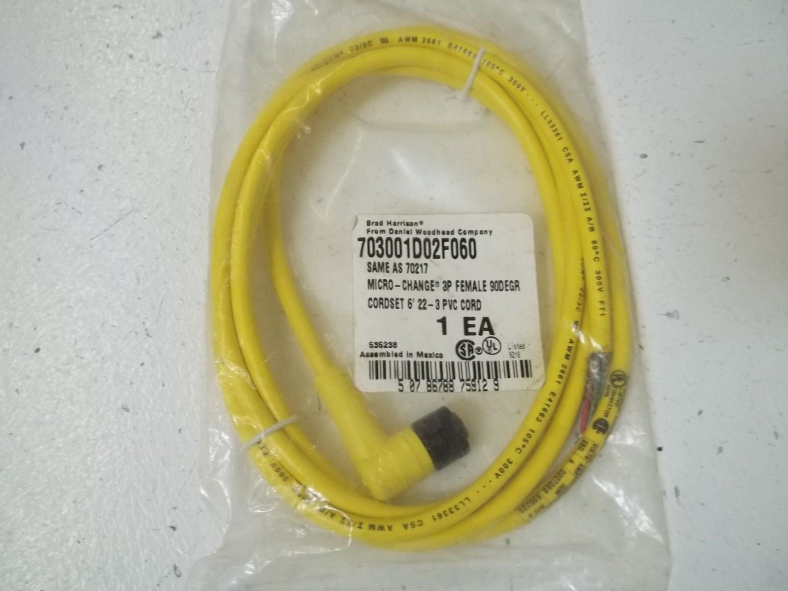 DANIEL WOODHEAD 703001D02F060 70217 CONNECTOR CABLE *NEW IN FACTORY BAG*