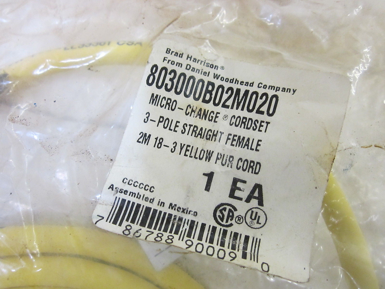 BRAD HARRISON 803000B02M020 CORDSET 3P FEMALE *NEW IN A FACTORY BAG*