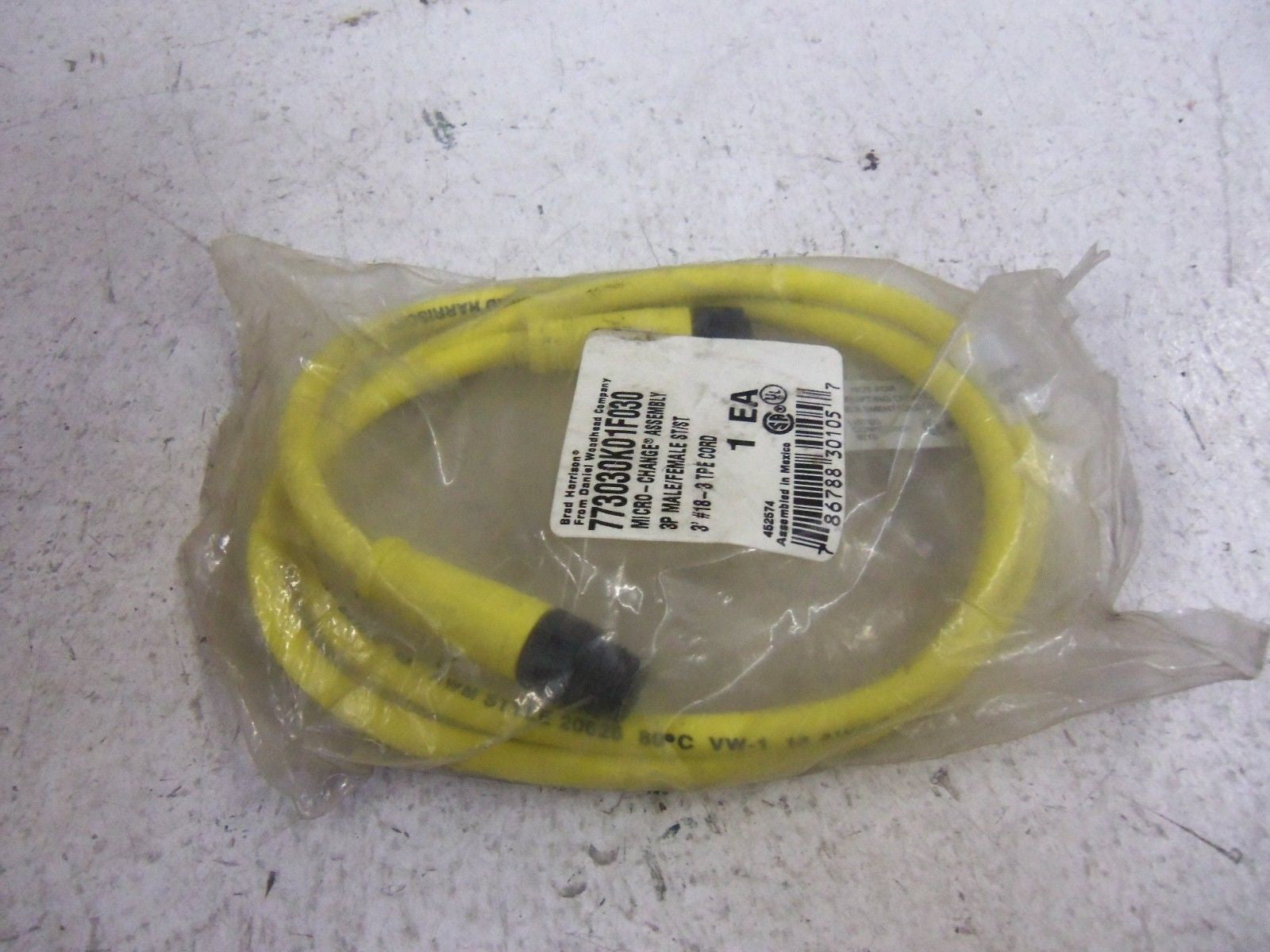 BRAD HARRISON 773030K01F030 3P MALE/FEMALE ST/ST 3' CORDSET *NEW IN FACTORY BAG*