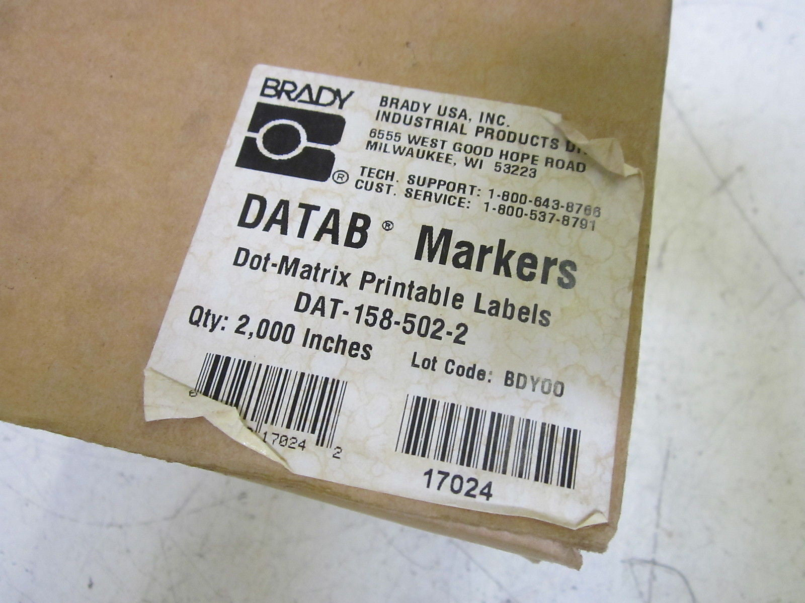 BRADY DAT-158-502-2 DOT-MATRIX PRINTABLE LABELS 2,000 INCHES *NEW IN BOX*