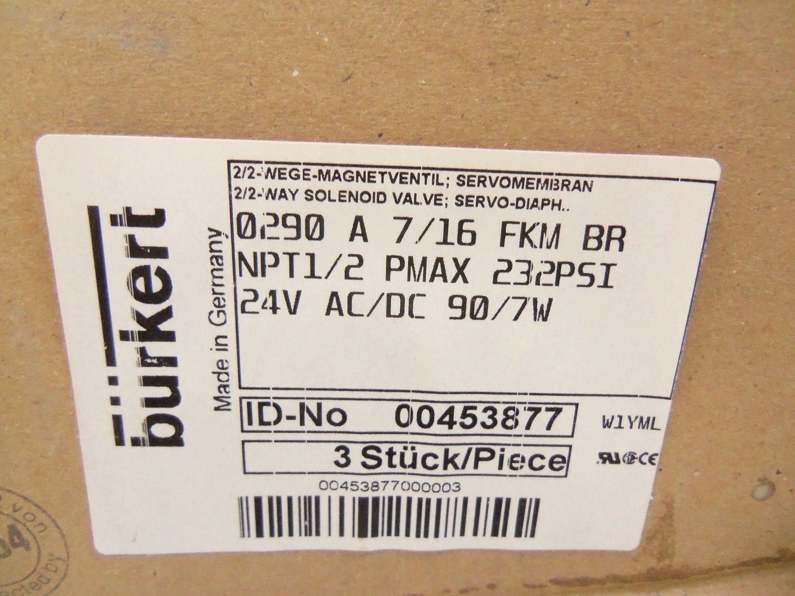 BURKERT LOT OF 3 00453877 *NEW IN BOX*
