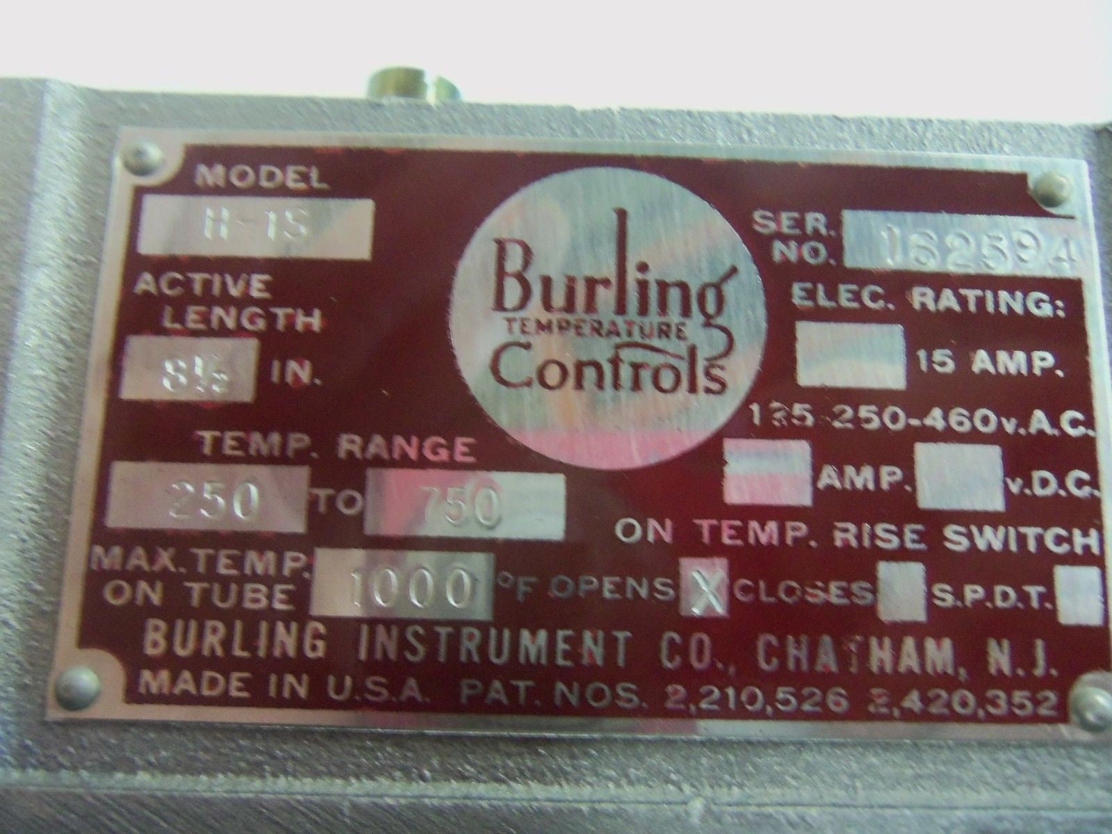 BURLING INSTRUMENTS H-1S TEMPERATURE CONTROL 8-1/2" RANGE: 250-750 *USED*