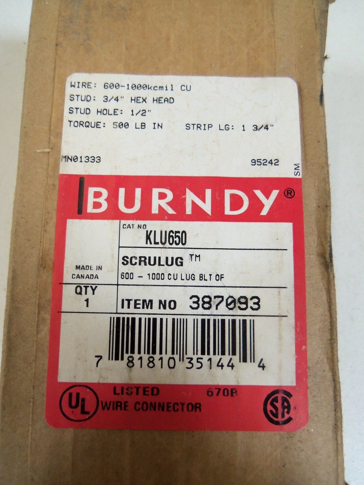 BURNDY WIRE CONNECTOR  KLU650  *FACTORY SEALED*