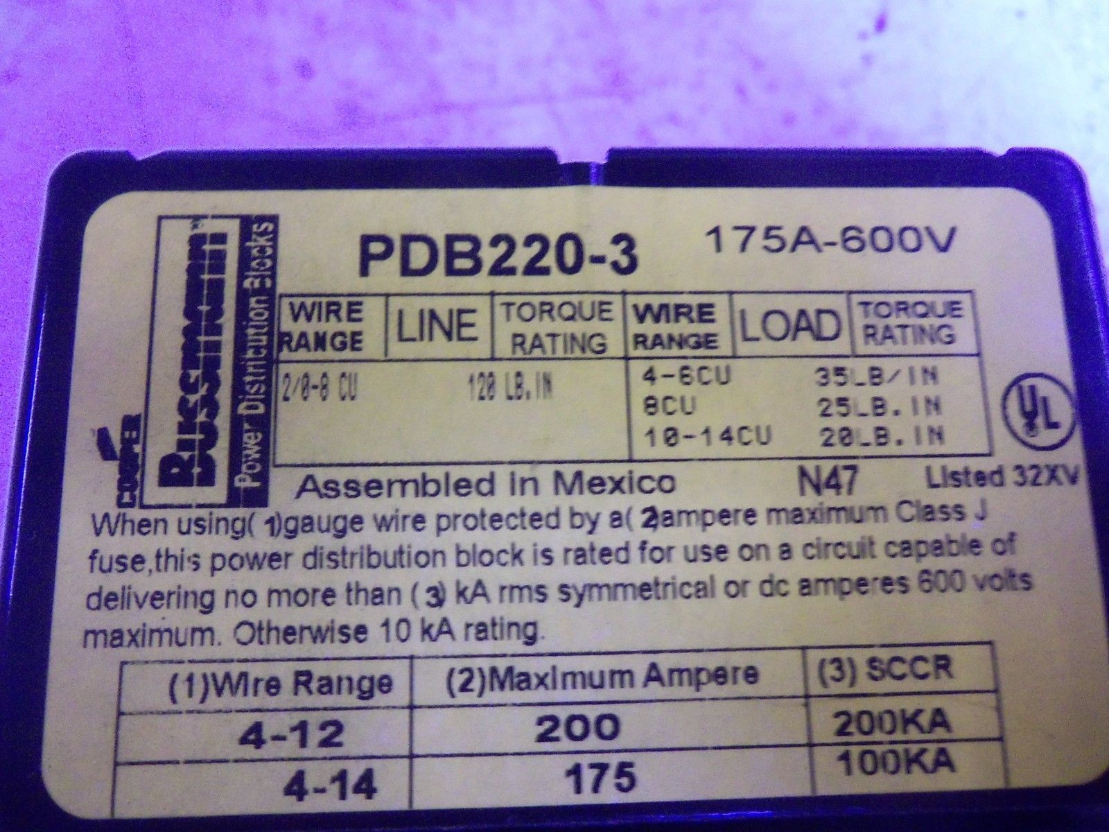 BUSSMANN PD220-3 FUSE HOLDER *USED*