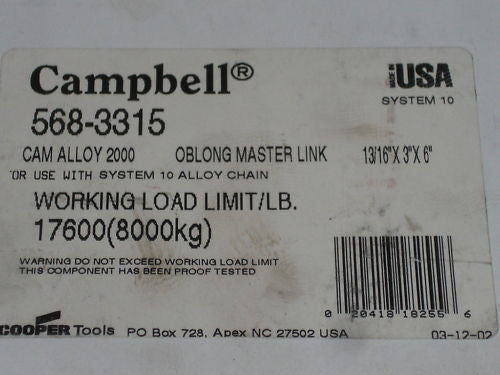 CAMPBELL 568-3315 OBLONG MASTER LINK 13/16"x3"x6" *NEW IN BOX*