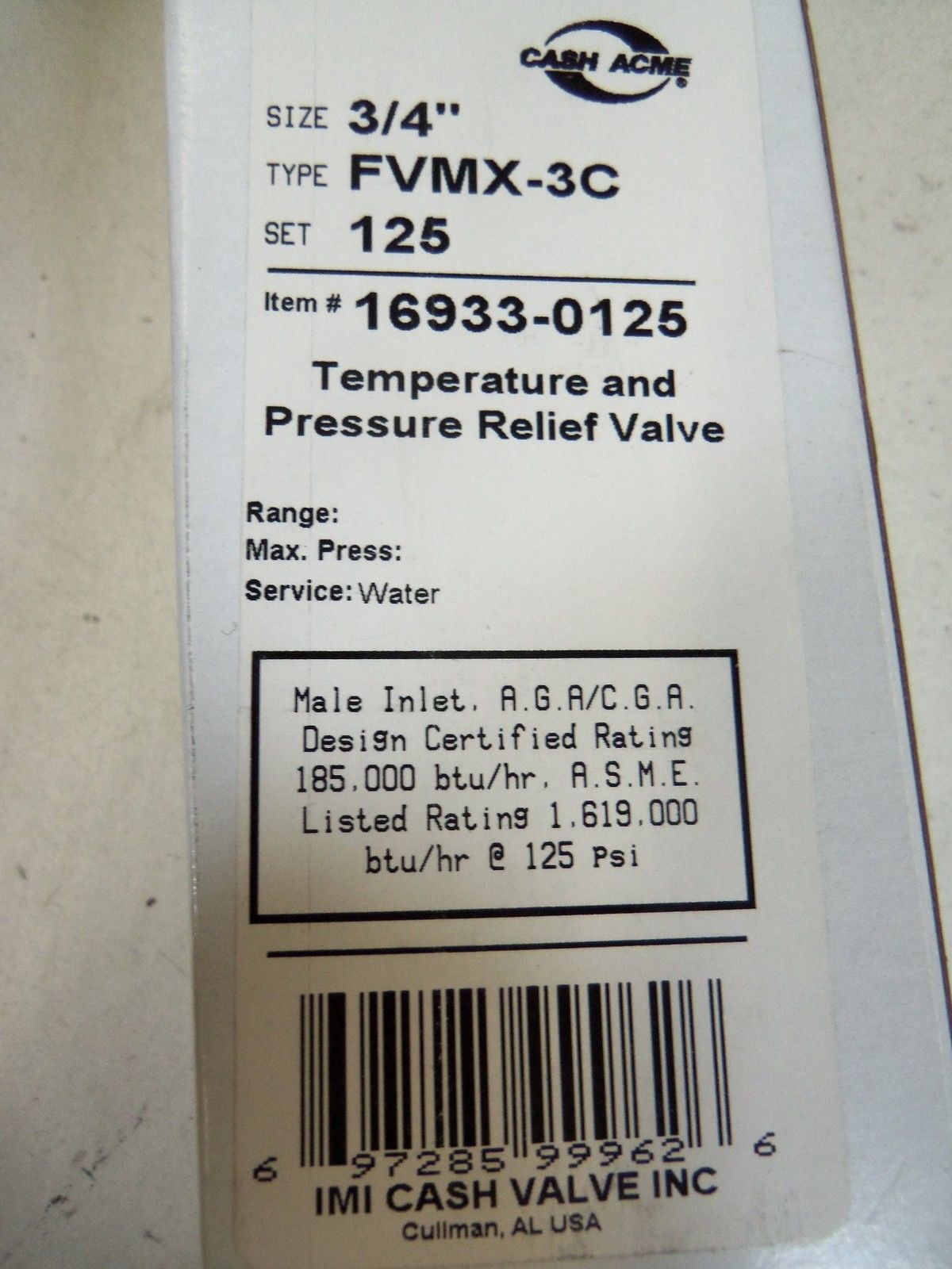 CASH ACME FVMX-3C TEMPERATURE AND PRESSURE RELIEF VALVE *NEW IN BOX*