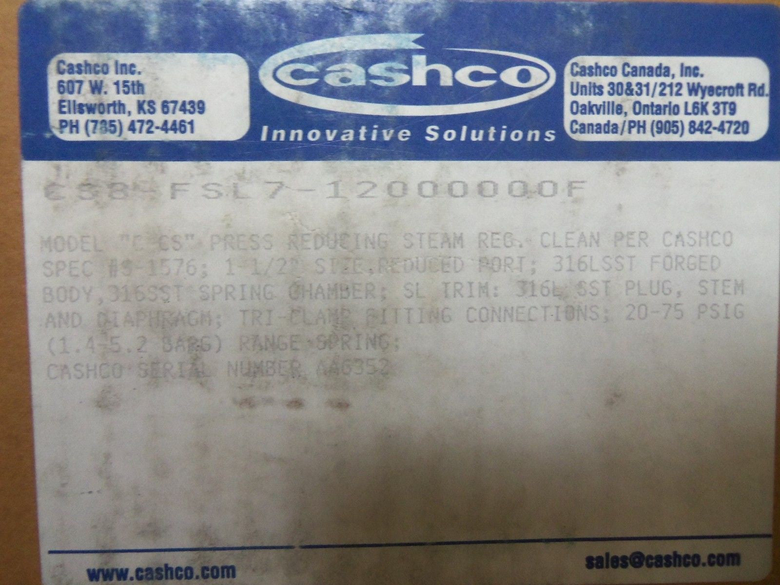 CASHCO C-CS-FGQ VALVE *NEW IN BOX*