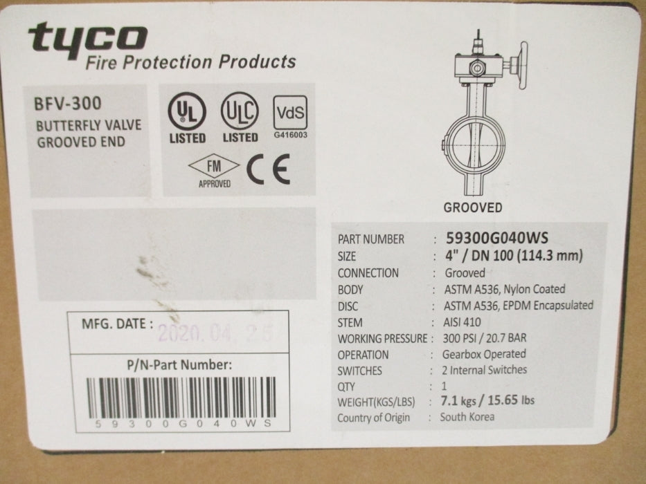 TYCO BFV-300 59300G040WS 4" 300PSI NSMP