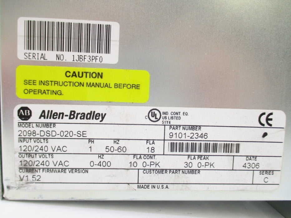 ALLEN BRADLEY 2098-DSD-020-SE SER. C F/W V1.52 NSNP