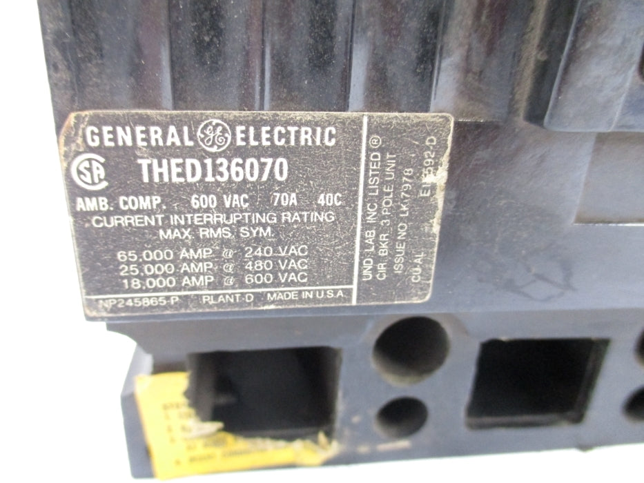 GENERAL ELECTRIC THED136070 70A 600VAC UNMP