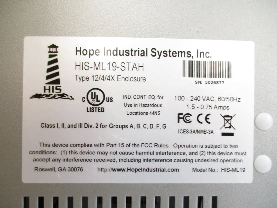 HOPE INDUSTRIAL HIS-ML19-STAH NUPI