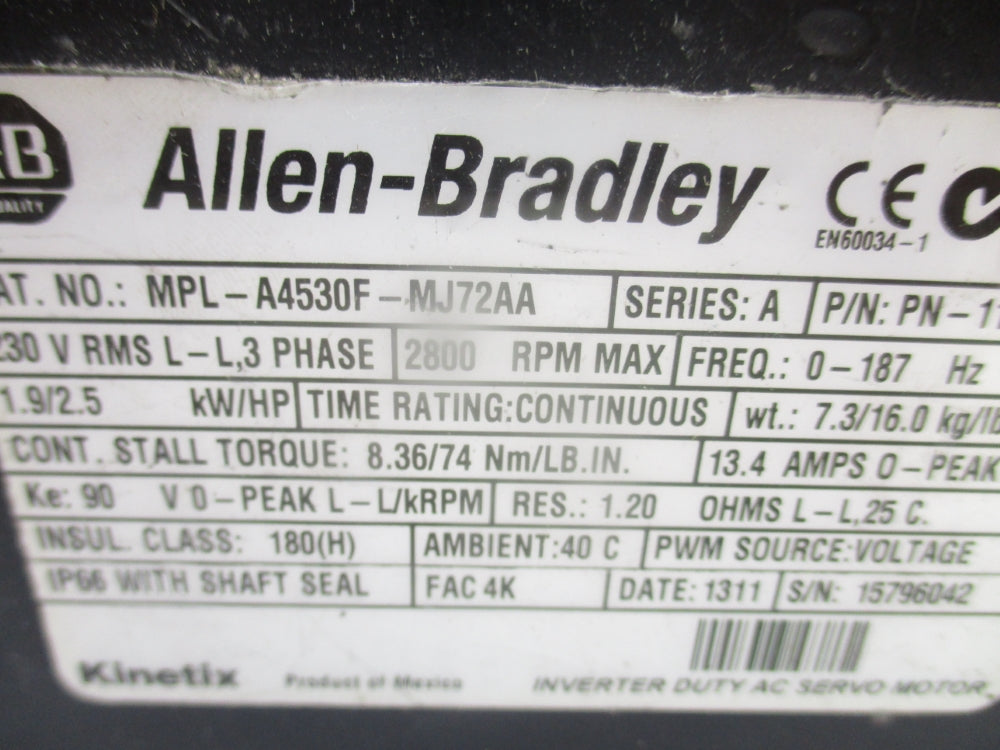 ALLEN BRADLEY MPL-A4530F-MJ72AA SER. A REMAN