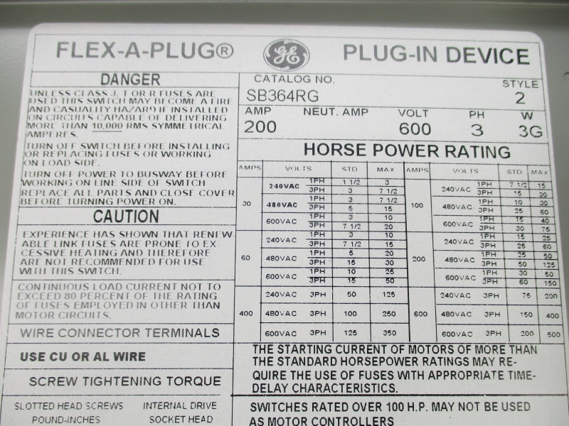 GENERAL ELECTRIC SB364RG 600V 200A NSMP