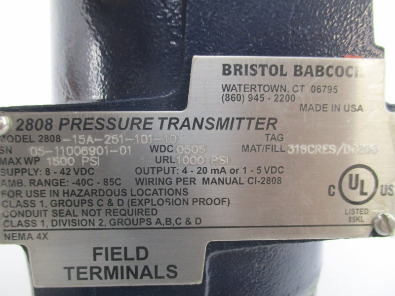 BRISTOL BABCOCK 2808-15A-251-101-10 1-5VDC 1500PSI NSNP