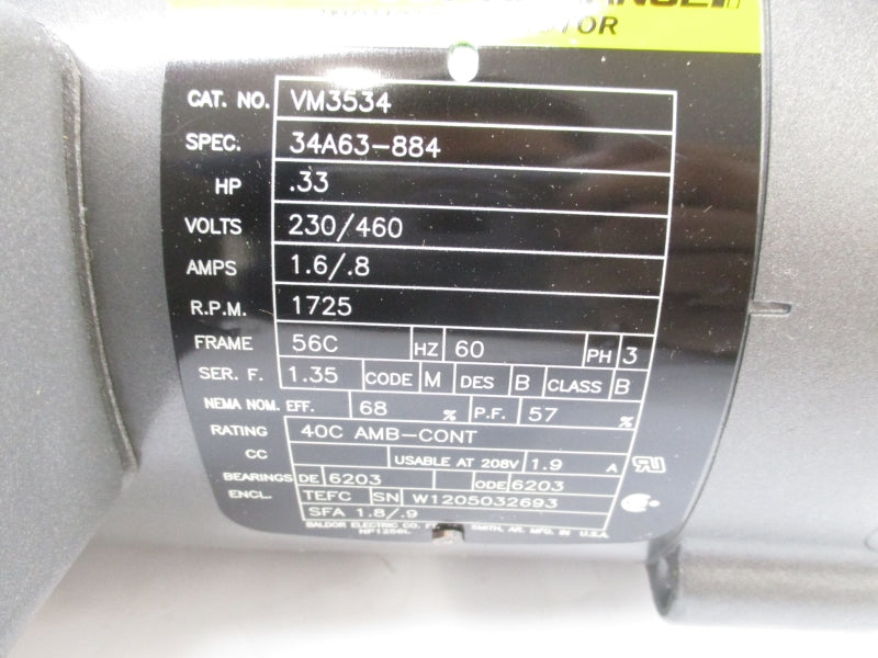 BALDOR VM3534 34A63-884 208-230/460V 1.8-1.6/.8A NSMP