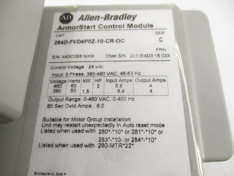 ALLEN BRADLEY 284D-FVD4P0Z-10-CR-OC SER. C 380-480VAC 4A F/W 18.033 NSMP