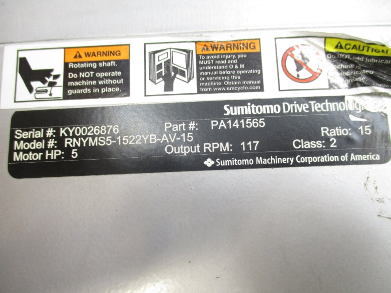 SUMITOMO DRIVE TECHNOLOGIES RNYMS5-1522YB-AV-15 PA1565230/460V 18.2/9.08A NSMP