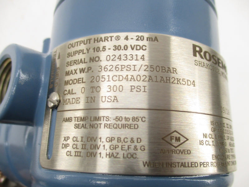 ROSEMOUNT 2051CD4A02A1AH2K5D4 10.5-30VDC 0-300PSI NSNP