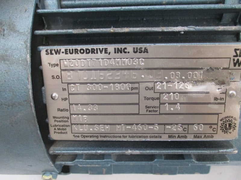 SEW-EURODRIVE W20DT71D4MM03C DFT71D4MM03C 460YV 1A NSNP
