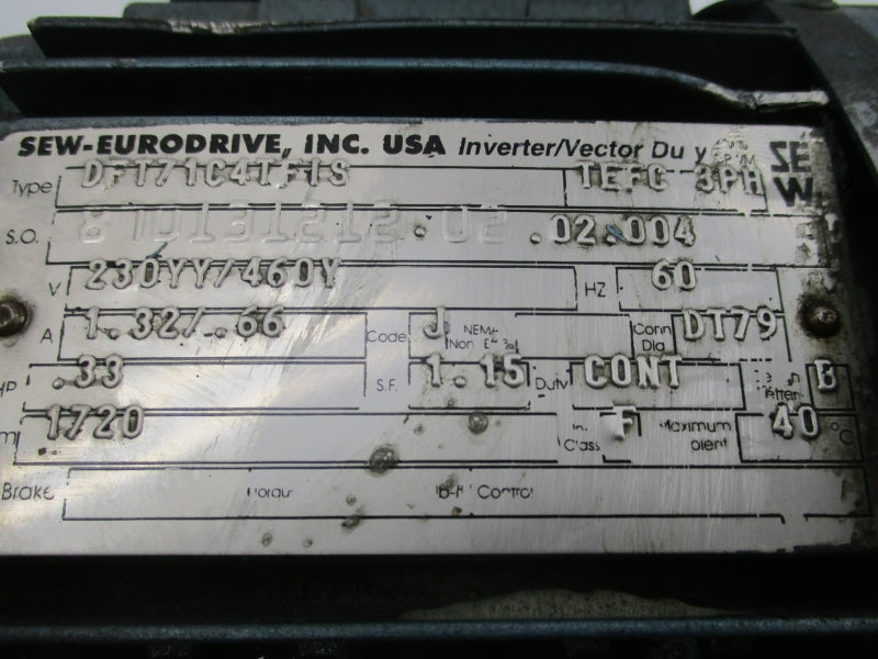 SEW-EURODRIVE DFT71C4TFIS R37DT71C4TFIS 230YY/460YV 1.32/.66A NSNP