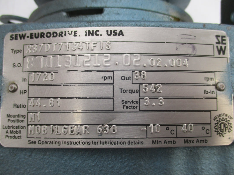SEW-EURODRIVE DFT71C4TFIS R37DT71C4TFIS 230YY/460YV 1.32/.66A NSNP