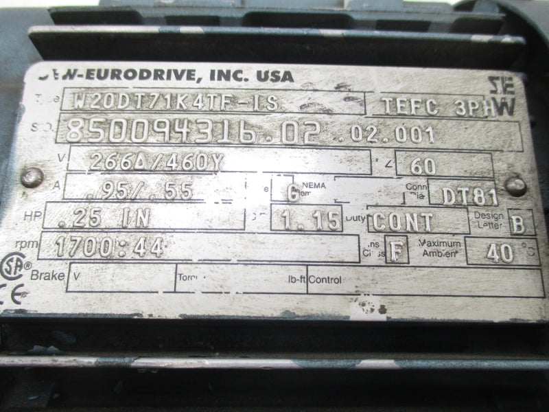 SEW-EURODRIVE W20DT71K4TF-IS 266/460Y .95/.55A NSNP
