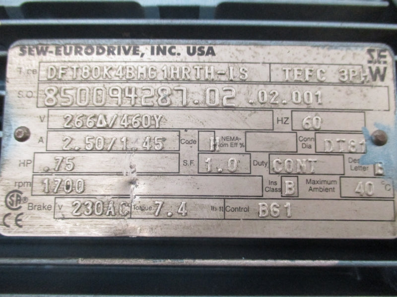 SEW-EURODRIVE DFT80K4BMG1HRTH-IS SA37DT80K4BMG1HRTH-IS 266V 2.50/1.45A UNMP