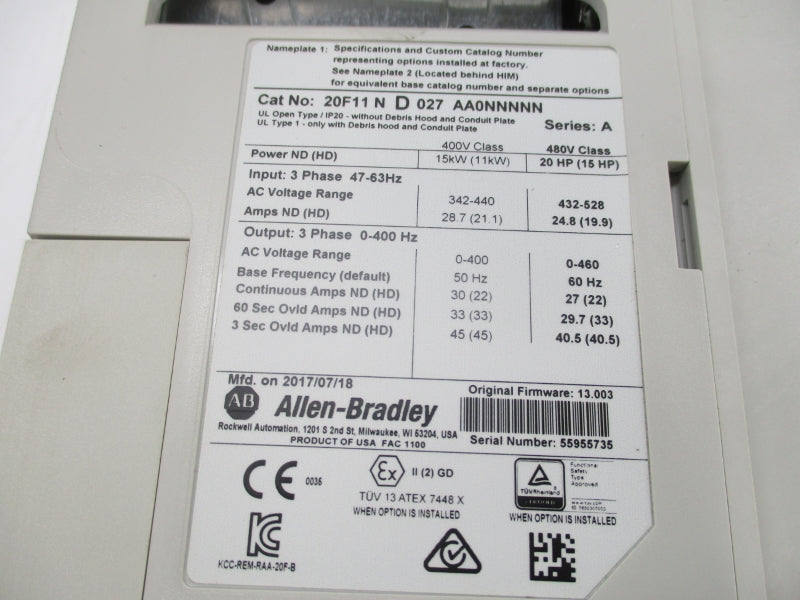ALLEN BRADLEY 20F11ND027AA0NNNNN SER. A 432-528V 28.7A F/W 13.003 NSNP