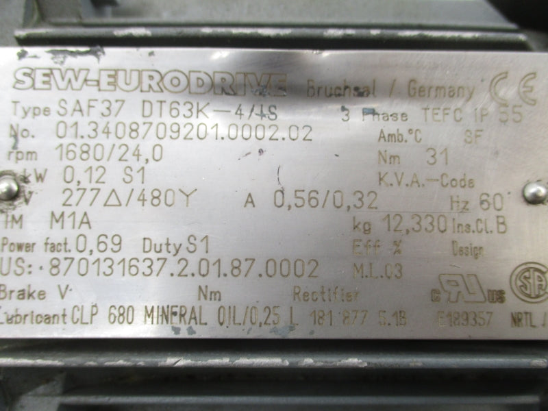 SEW-EURODRIVE SAF37DT63K-4/IS 277/480V 0.56/0.32A UNMP