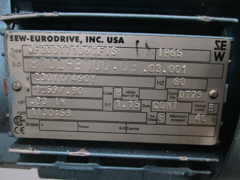 SEW-EURODRIVE WF20DT71D6TFIS 230YY/460Y 1.59/.80A UNMP