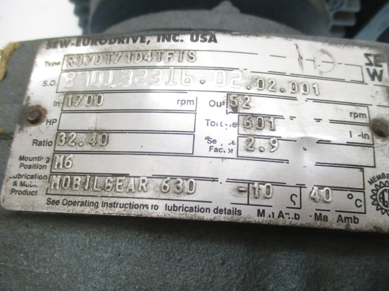 SEW-EURODRIVE R37DT71D4TFIS DFT71D4TFIS 230/460V 2.00/1.00A UNMP