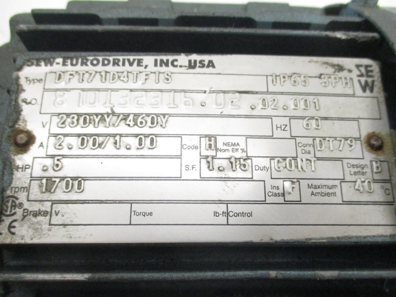 SEW-EURODRIVE R37DT71D4TFIS DFT71D4TFIS 230/460V 2.00/1.00A UNMP