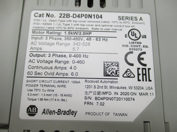 ALLEN BRADLEY 22B-D4P0N104 SER. A F/W 7.02 342-528VAC 5.7A NSMP