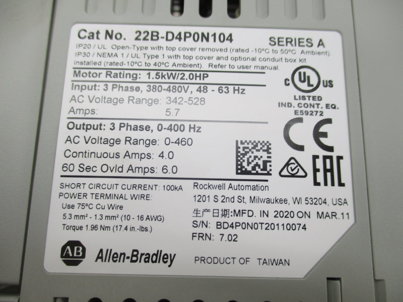 ALLEN BRADLEY 22B-D4P0N104 SER. A F/W 7.02 342-528VAC 5.7A NSMP
