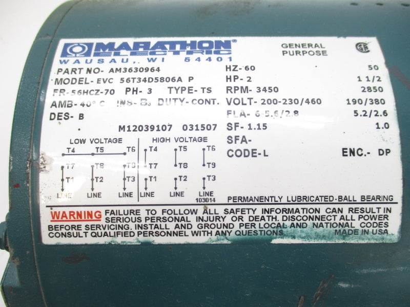 MARLOW 2AF1EC-B 200-230/460V 6-5.6/2.8A UNMP