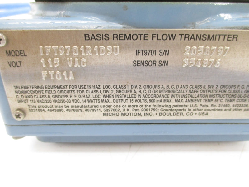MICRO MOTION IFT9701R1D3U 115VAC UNMP