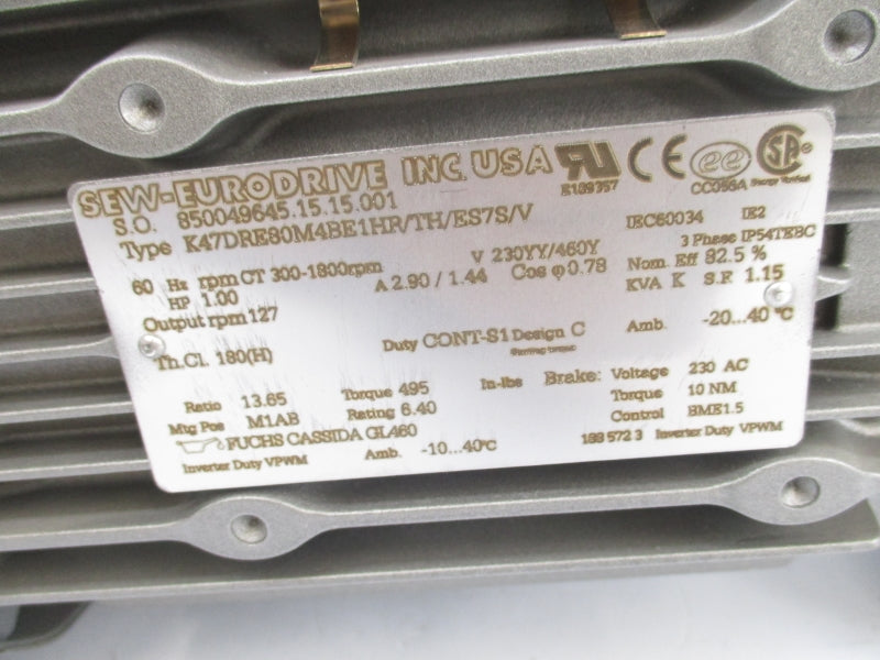 SEW-EURODRIVE K47DRE80M4BE1HR/TH/ES7S/V 230YY/460Y 2.90/1.44A NSNP