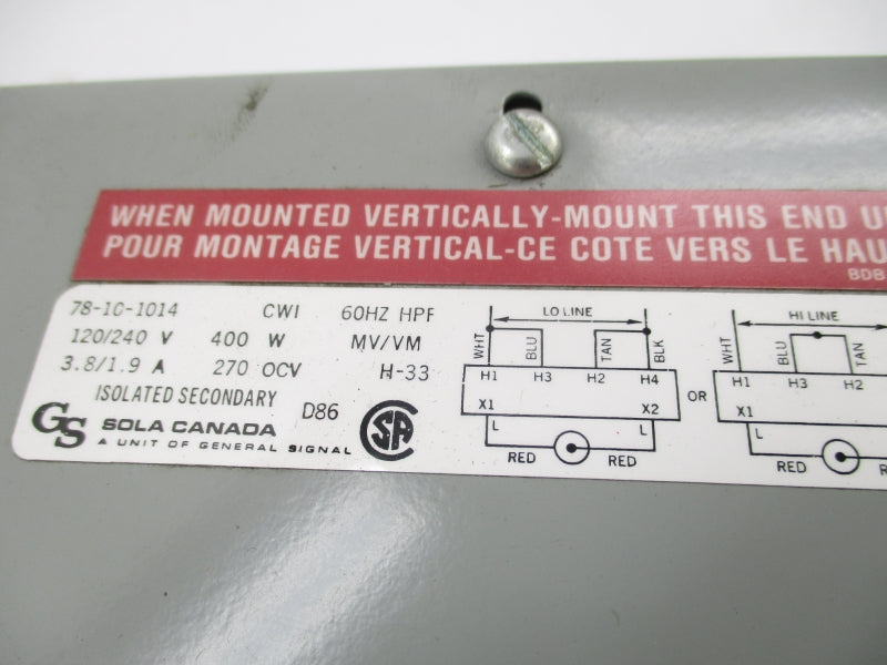 SOLA 78-10-1014 120/240V 3.8/1.9A (AS PICTURED) NSNP
