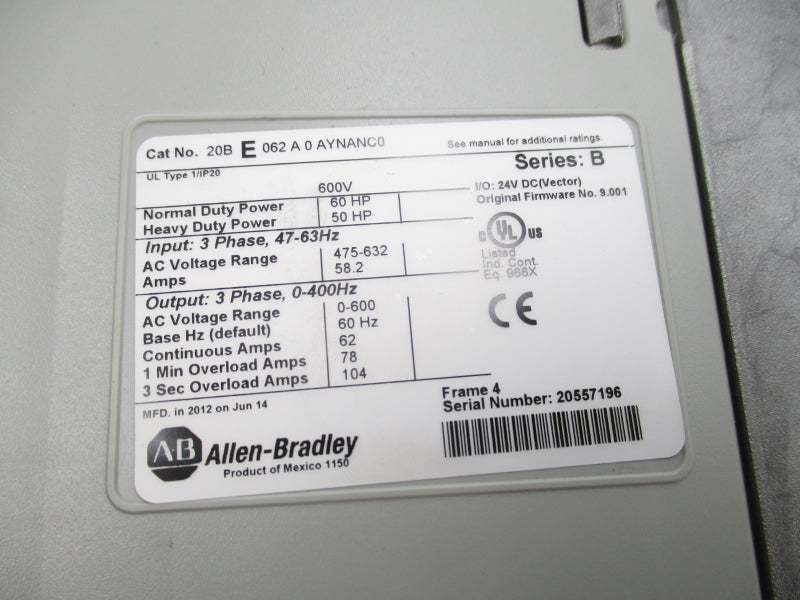 ALLEN BRADLEY 20BE062A0AYNANC0 SER. B 475-632VAC 104A F/W 9.001 NSNP