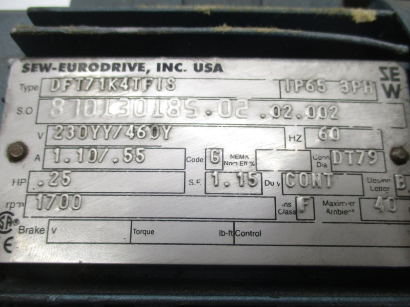 SEW-EURODRIVE RF17DT71K4TFIS DFT71K4TFIS 230/460V 1.10/.55A UNMP