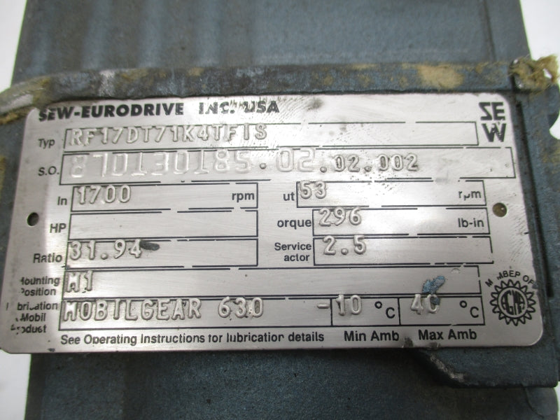 SEW-EURODRIVE RF17DT71K4TFIS DFT71K4TFIS 230/460V 1.10/.55A UNMP